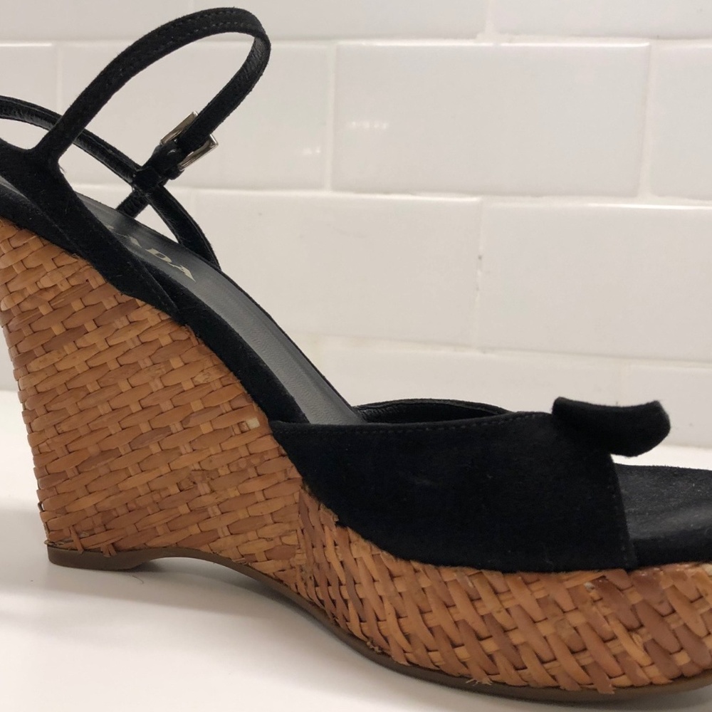 PRADA BLACK SUEDE + WICKER WEDGE PEEP TOE SANDALS - Picture 7 of 8